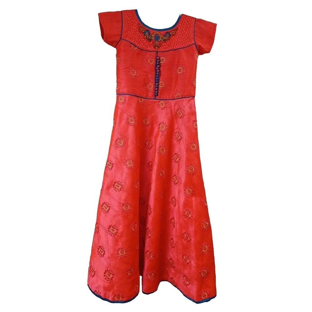 Girls Pakistani Indian Party Wear Dress Coral Red Blue Gold Sz 28